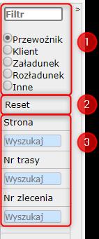 12). MENU BOCZNE Menu boczne umożliwia filtrowanie danych na liście tras. 1. Filtrowanie według podanej wartości tekstowej: a. Najpierw wybierz rodzaj wyszukiwanych danych (np. Klient, Przewoźnik), b.