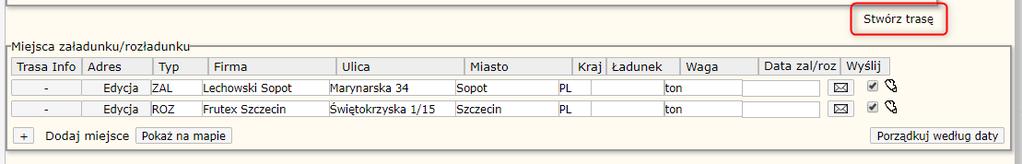 tras Dodanie trasy z poziomu formularza zlecenia Jednak wygodniejszym sposobem będzie dodanie jej bezpośrednio z formularza nowego zlecenia, klikając przycisk Stwórz trasę nad