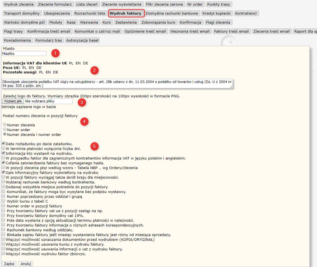 57 HERMES GT INSTRUKCJA DO PROGRAMU Ustawienia administracyjne WYDRUK FAKTURY Rysunek 58 Ustawienia administracyjne Parametry Wydruk faktury Opcja 1: Miasto, domyślnie wpisane na wydruku.