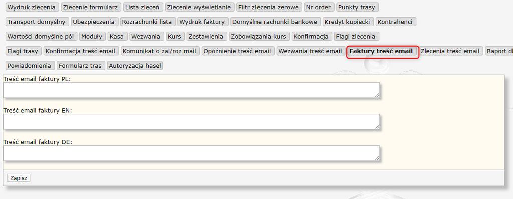 58 HERMES GT INSTRUKCJA DO PROGRAMU TREŚĆ E-MAIL FAKTURY Rysunek 59 Ustawienia administracyjne Parametry Faktury treść e-mail Sekcja