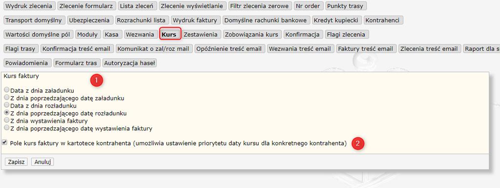 59 HERMES GT INSTRUKCJA DO PROGRAMU KURS Rysunek 61 Ustawienia administracyjne Parametry Kurs Opcja 1: Pozwala zdefiniować datę pobierania kursu,