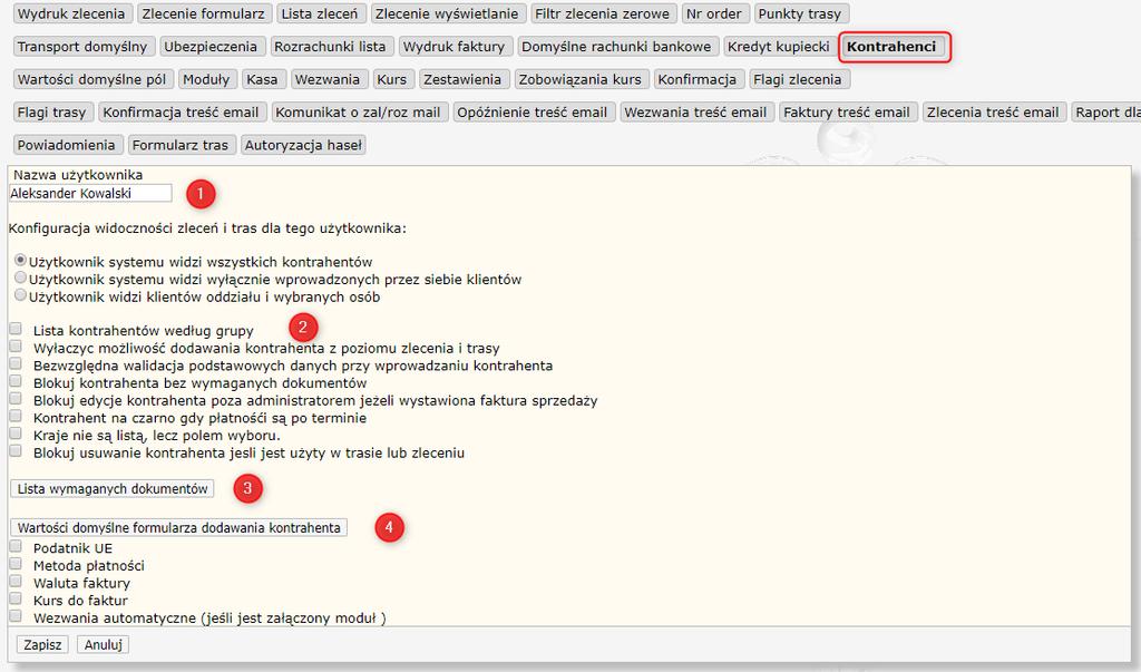 74 HERMES GT INSTRUKCJA DO PROGRAMU Ustawienia administracyjne KONTRAHENCI Rysunek 80 Ustawienia administracyjne Parametry Kontrahenci Opcja 1: Konfiguracja widoczności kontrahentów dla wybranego