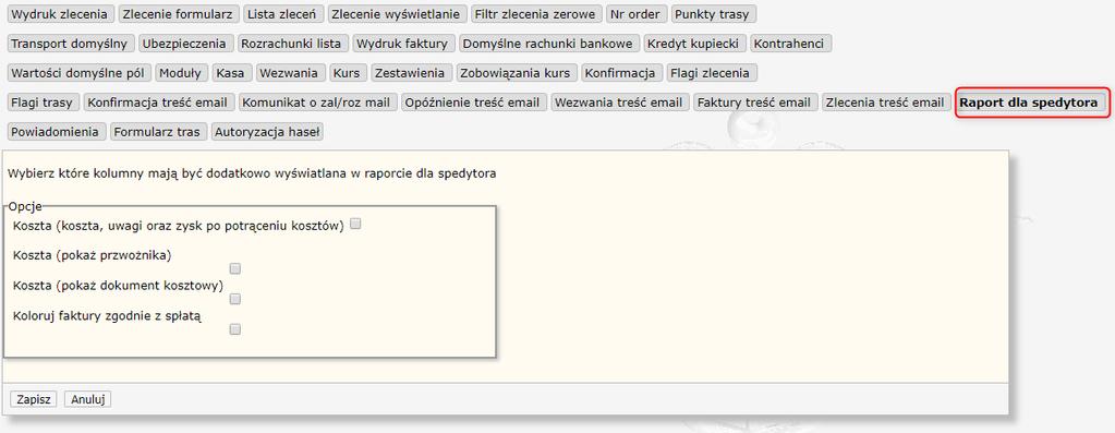 78 HERMES GT INSTRUKCJA DO PROGRAMU WYBÓR KOLUMN - RAPORT DLA SPEDYTORA Rysunek 84 Ustawienia