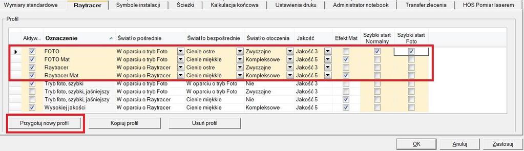 c) Ustawienie własnego (-ych) profilu Ze względu na brak możliwości ingerencji do profili standardowych polecemy wprowadzić profile własne.