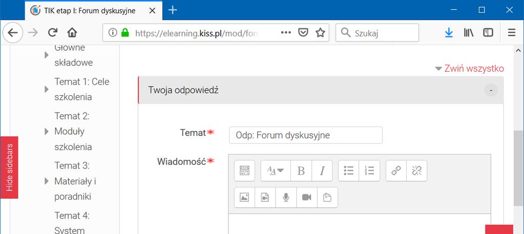 Kliknięcie przycisku Odpowiedz spowoduje otwarcie okna odpowiedzi jak na rysunku Rys. 16 poniżej. W polu wiadomość należy zawrzeć swoją odpowiedź.