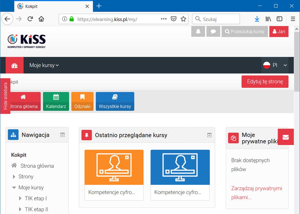 2 Kokpit platformy Kokpit platformy to centralne miejsce, w którym znajdują się wszelkie informacje niezbędne do korzystania z platformy e-learningowej.