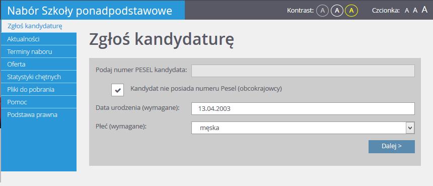 Rejestracja kandydata W kolejnym