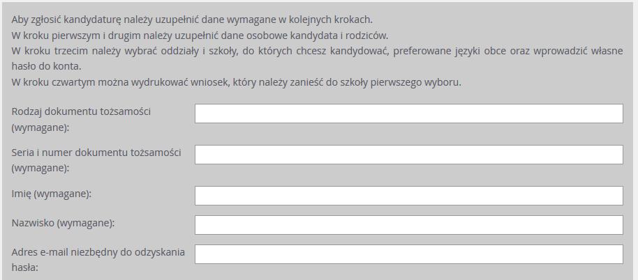 Rejestracja kandydata Gdy na początku rejestracji zaznaczono opcję, że kandydat nie posiada numeru PESEL, należy w kroku 2 uzupełnić dodatkowo rodzaj, serię i