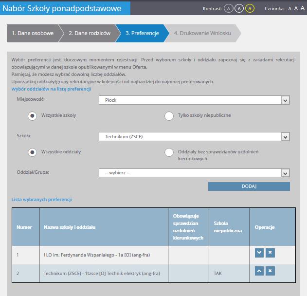 Rejestracja kandydata Ważne! Niektóre szkoły proponują w swojej ofercie oddziały podzielone na kilka grup rekrutacyjnych (np. ze względu na nauczany drugi język obcy).