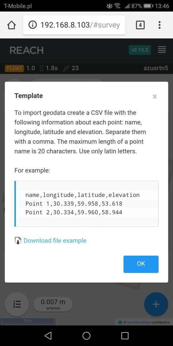 i Jak będzie wyglądał zapis naszych danych w wybranym formacie możemy zobaczyć w info (tutaj np. *.csv) klikając na przykład wzorca zapisu template. ii iv.