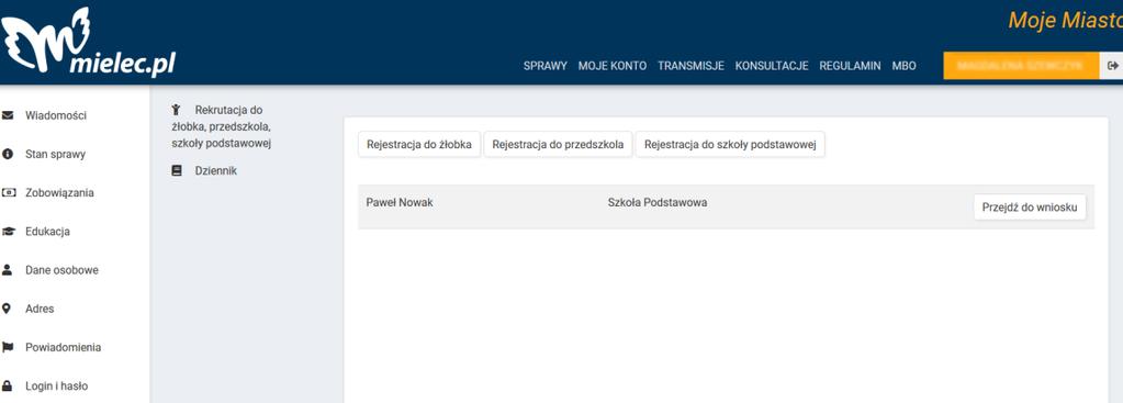 16 Status wniosku/zgłoszenia Status wniosku lub zgłoszenia wyświetlany jest po zalogowaniu się na portal Moje miasto w zakładce Edukacja po kliknięciu przycisku Przejdź do wniosku przy imieniu i