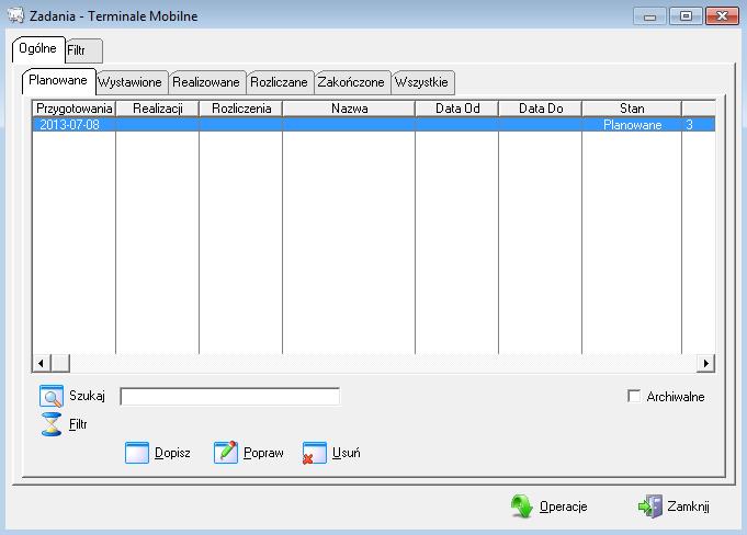Terminal PSION WORKABOUT DEFINIOWANIE NOWEGO ZADANIA Po wybraniu z menu głównego opcji ZADANIA/ZADANIA NA TERMINALACH MOBILNYCH wyświetlona zostanie tabela zawierająca
