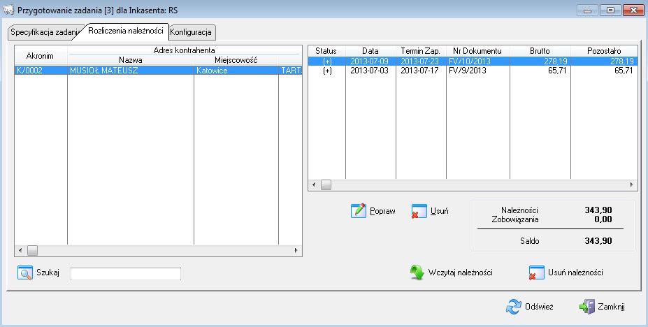 Po podświetleniu w lewej części okna wybranego kontrahenta z prawej strony okna wyświetlone zostaną jego nierozliczone lub częściowo rozliczone faktury (status +) i nierozliczone lub częściowo