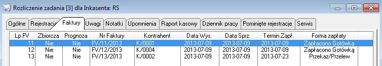 Zakładka FAKTURY zawiera wykaz wszystkich wystawionych przez inkasenta faktur.