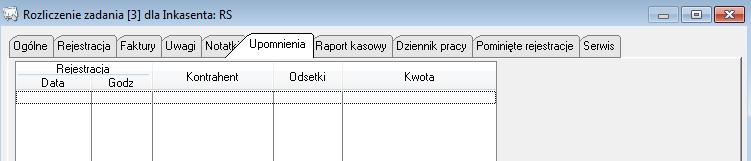 Kolejna zakładka UPOMNIENIA zawiera wykaz wygenerowanych przez inkasenta upomnień z informacją o dacie i godzinie wygenerowania upomnienia, symbolu