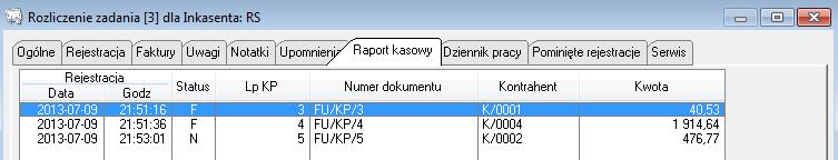 Zakładka RAPORT KASOWY zawiera listę wszystkich dokumentów KP wygenerowanych przez inkasenta.