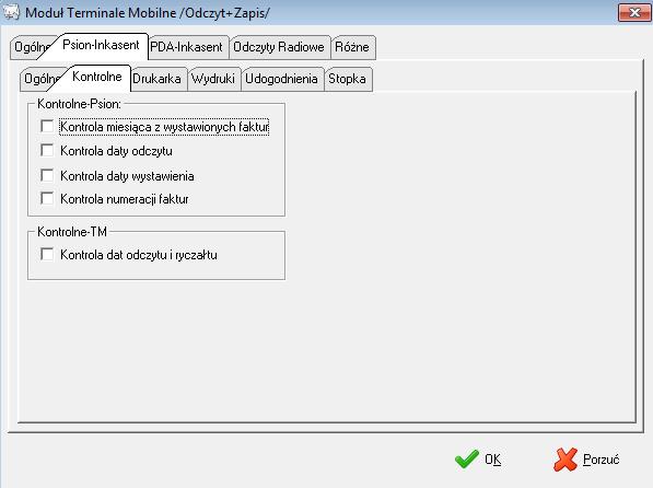 Zakładka Kontrolne pozwala na wprowadzenie kontroli w zakresie dat wprowadzania odczytu i wystawiania faktury na PSION-ie.