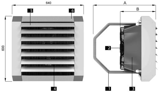 3. CONSTCTION AND MAIN DIMSIONS BUDOWA I GŁÓWNE WYMIARY BAUART UND HAUPTMAßE КОНСТРУКЦИЯ И ОСНОВНЫЕ ГАБАРИТЫ 1. Mounting bracket* 2. Fan 3. Air nozzle 4. Heat exchanger 5. Air guides 6.