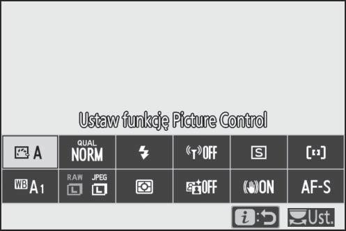 Menu i trybu fotografowania Przy ustawieniach domyślnych następujące elementy są widoczne wmenu i trybu fotograficznego. 1 3 5 7 9 11 1 Ustaw funkcję Picture Control... 93 2 Balans bieli.