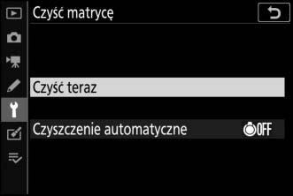 Czyszczenie matrycy Jeżeli istnieje podejrzenie, że efekty zabrudzeń lub kurzu na matrycy są widoczne na zdjęciach, można wyczyścić matrycę, korzystając z opcji Czyść matrycę w menu ustawień.