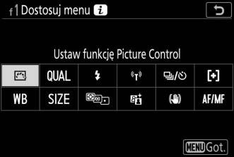 W menu ustawień osobistych wyróżnij ustawienie osobiste f1 (Dostosuj menu i) i naciśnij J (aby uzyskać informacje