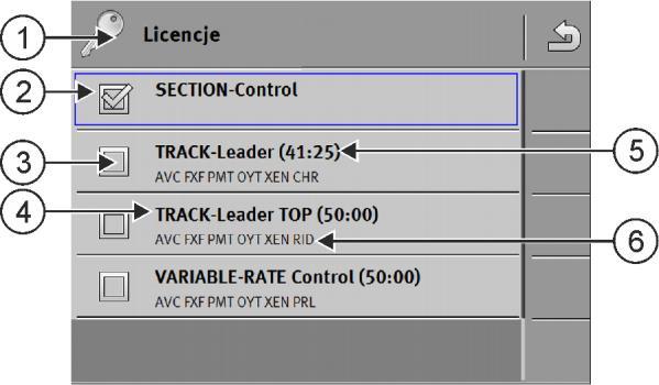 7 Konfigurowanie terminalu w aplikacji Service Aktywacja licencji dla pełnych wersji Nazwa wtyczki Aktywuje następujące aplikacje SECTION-Control TRACK-Leader TOP TRACK-Leader AUTO ISOBUS-TC