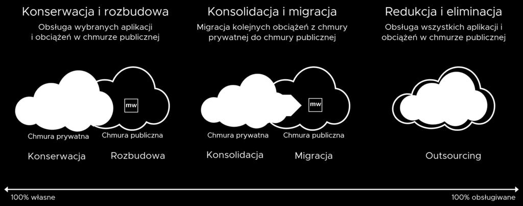 Z jednej strony firma może wybrać korzystanie z chmury prywatnej w konfiguracji lokalnej i rozszerzyć ją do chmury publicznej tylko w odniesieniu do wybranych aplikacji i zadań takich jak DevTest,
