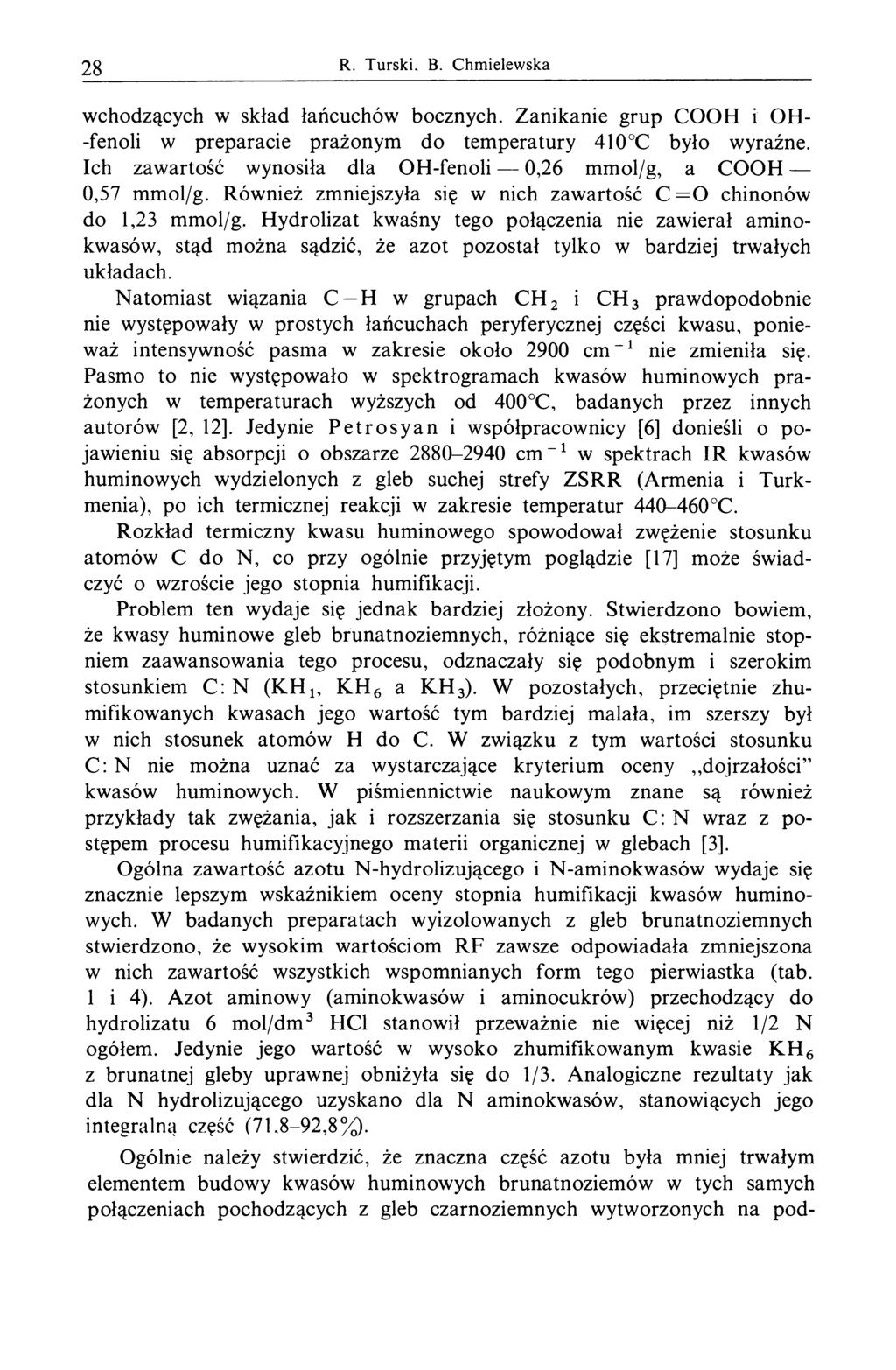 28 R. Turski, В. Chm ielewska wchodzących w skład łańcuchów bocznych. Zanikanie grup COOH i OH- -fenoli w preparacie prażonym do temperatury 410 C było wyraźne.