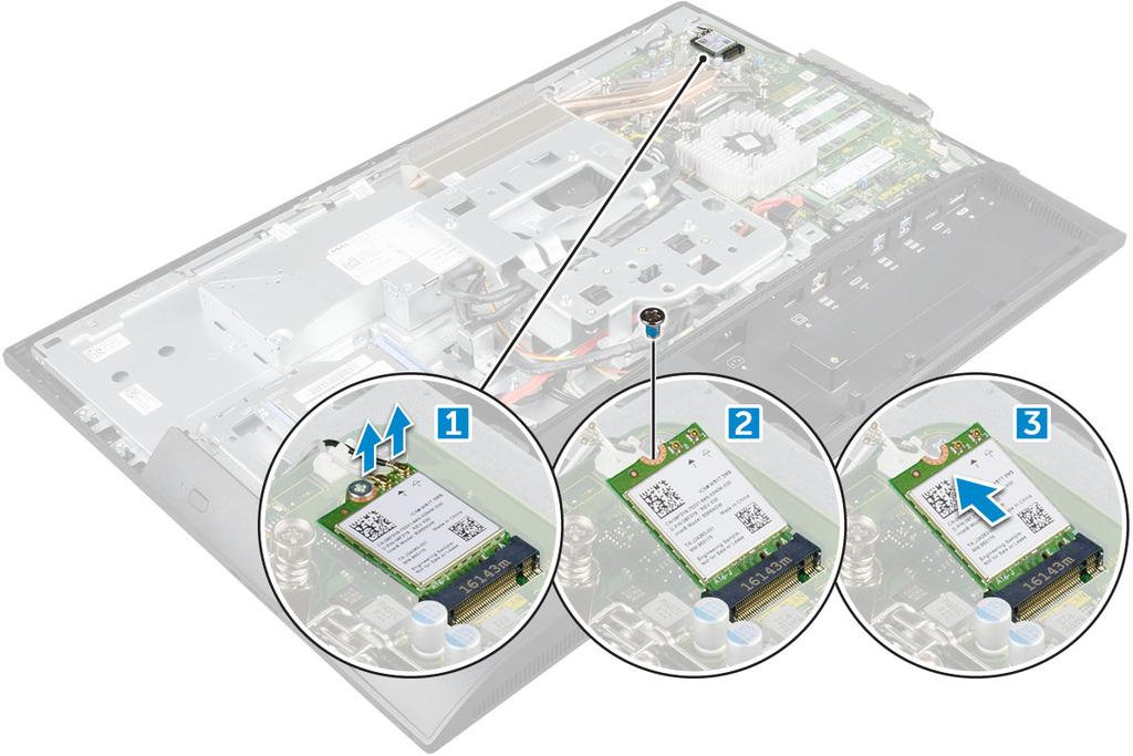 Karta sieci WLAN Wymontowywanie karty sieci WLAN 1 Wykonaj procedurę przedstawioną w sekcji Przed przystąpieniem do serwisowania komputera.