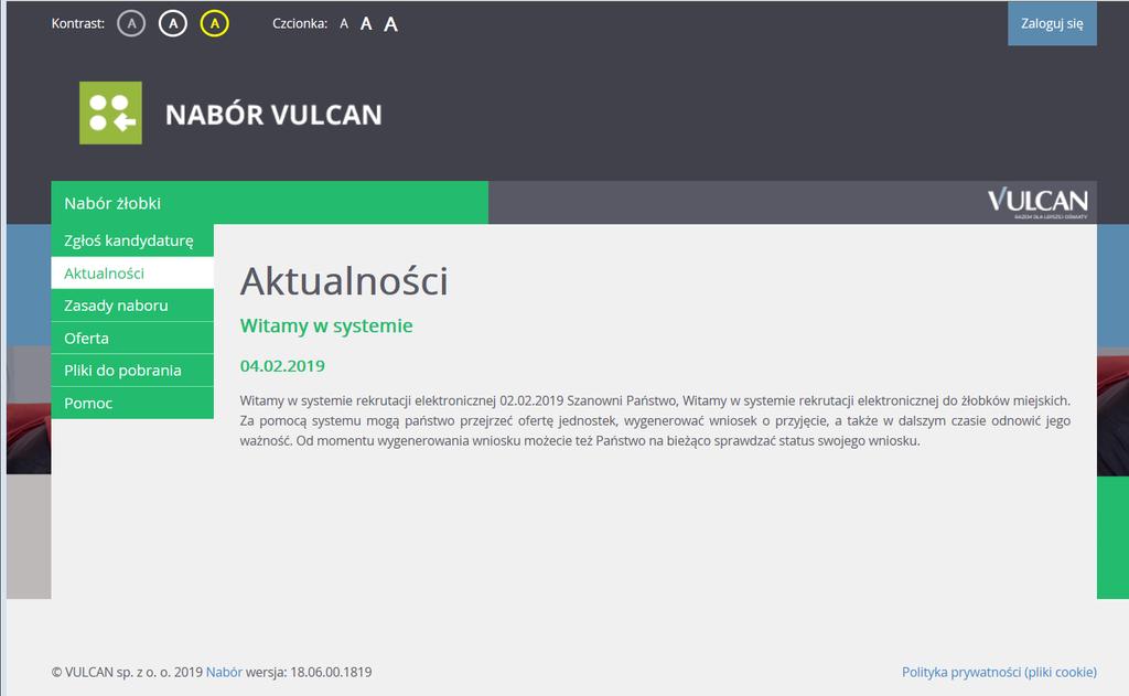 Informacje ogólne Dla niezalogowanego użytkownika systemu, w lewej części okna dostępne jest menu, udostępniające informacje i funkcje wykorzystywane w procesie rekrutacji.