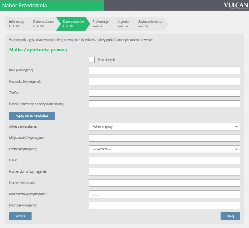 Rejestracja kandydata przez rodzica/ opiekuna prawnego Aby przejść do kolejnego kroku, należy kliknąć przycisk Dalej.