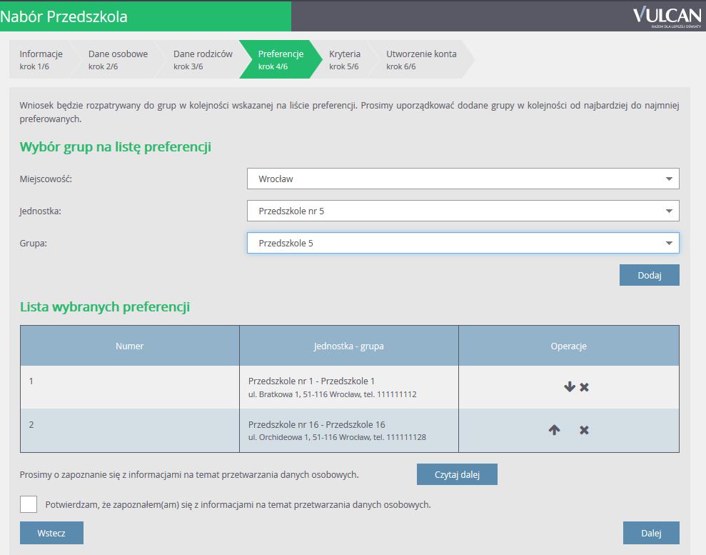 Rejestracja kandydata przez rodzica/ opiekuna prawnego Preferencję można usunąć z listy, klikając ikonę. Na liście preferencji oprócz nazwy jednostki jest prezentowany jej adres i numer telefonu.