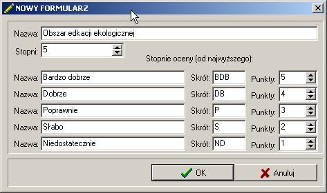 grupy dla wybranego po lewej stronie formularza, a poniżej pytania dla danej grupy.