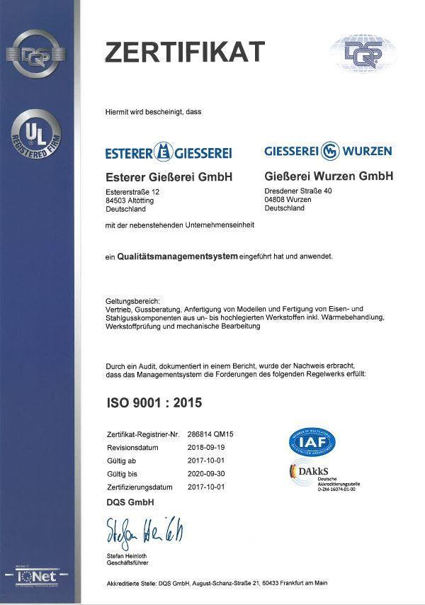 Zapewnienie jakości Certyfikaty DIN EN ISO 9001 : 2015 DB dopuszczenie dla (EN-GJL/GJS) AD 2000 W0/97/23/EG Dyrektywa ciśnieniowa