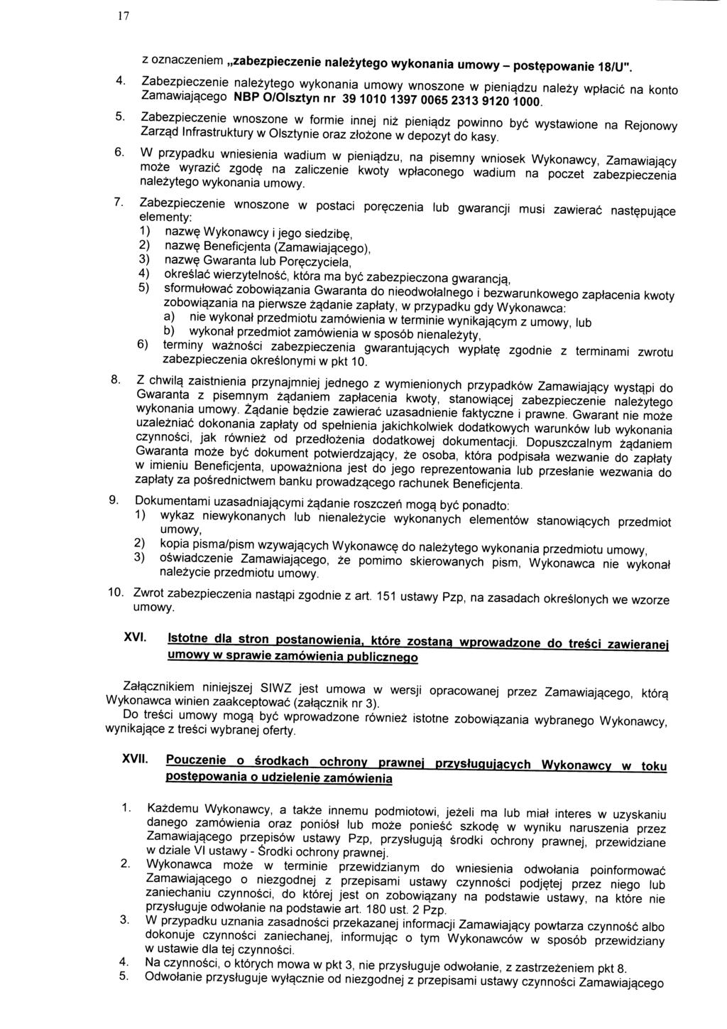 17 4 zoznaczeniem zabezpieczenie nalezytego wykonania umowy - postepowanie 18/U".