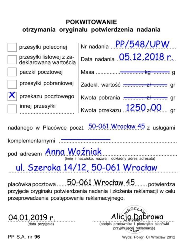Zadanie 14. Analizując zamieszczony rysunek dokumentu można stwierdzić, że reklamację będzie rozpatrywać Alicja Dąbrowa. reklamacja na usługę została wniesiona w dniu 04.01.2019 r.