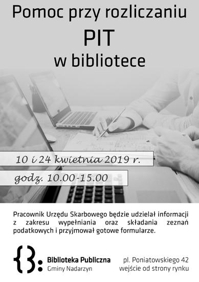 PIT-Y W BIBLIOTECE! Wzorem lat ubiegłych, w czytelni Biblioteki Publicznej Gminy Nadarzyn, odbędą się dyżury pracownika Urzędu Skarbowego w Pruszkowie.