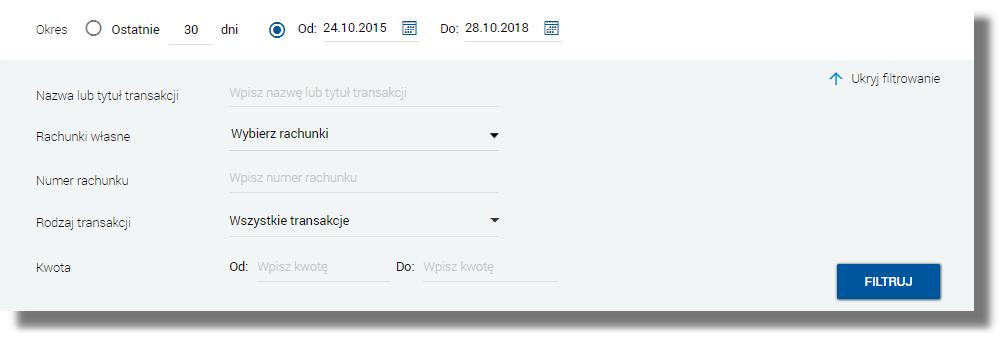 Rozdział 8. Przeglądanie historii operacji rachunków do wskazania daty, od której lub, do której ma zostać zaprezentowana historia transakcji na rachunkach.