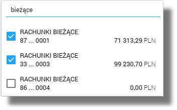 Lista transakcji może zostać ograniczona do: Nazwy lub tytułu transakcji - w polu należy wprowadzić nazwę lub tytuł płatności, lub dane odbiorcy/nadawcy, Rachunków własnych - lista rachunków, do