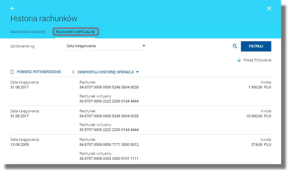 Rozdział 8. Przeglądanie historii operacji rachunków Zostaje otwarta lista Historia rachunków z domyślnie wybraną zakładką historii rachunków masowych.