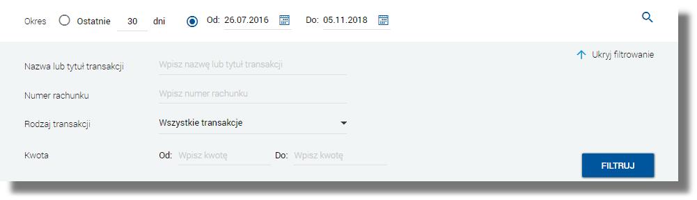 zaprezentowane operacje, Okres Od, Okres Do - przycisk opcji zaznaczony domyślnie; w polach Od:, Do: należy wprowadzić zakres dat (od - do), dla których ma zostać wyświetlona historia transakcji na