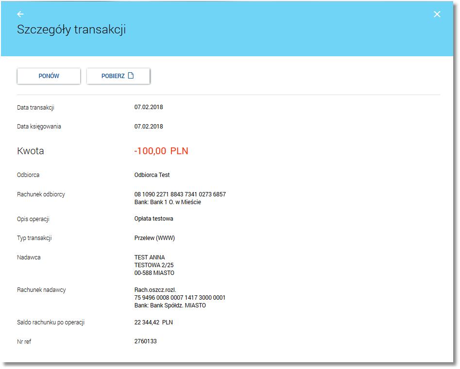 Rozdział 8. Przeglądanie historii operacji rachunków [SZCZEGÓŁY] - umożliwia przeglądanie informacji szczegółowych na temat wybranej transakcji.