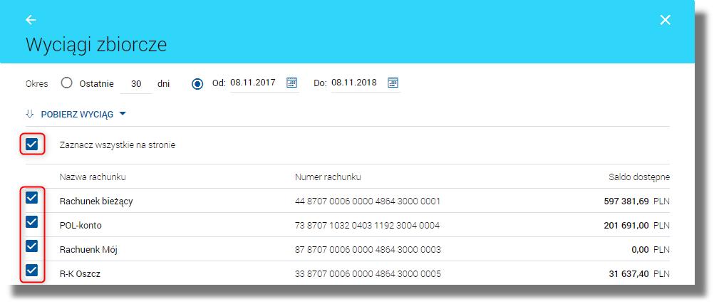 Rozdział 10. Wyciągi z rachunków Nad listą rachunków znajduje się pole wyboru Zaznacz wszystkie na stronie.