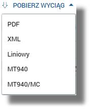 Wyciąg zbiorczy może być w formacie wybranym z listy dostępnych formatów dla danego typu rachunku.
