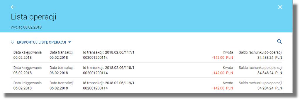 Lista posortowana jest po identyfikatorze operacji i podlega stronicowaniu. Przejście do kolejnych stron następuje poprzez wybór przycisków nawigacyjnych znajdujących się pod listą.