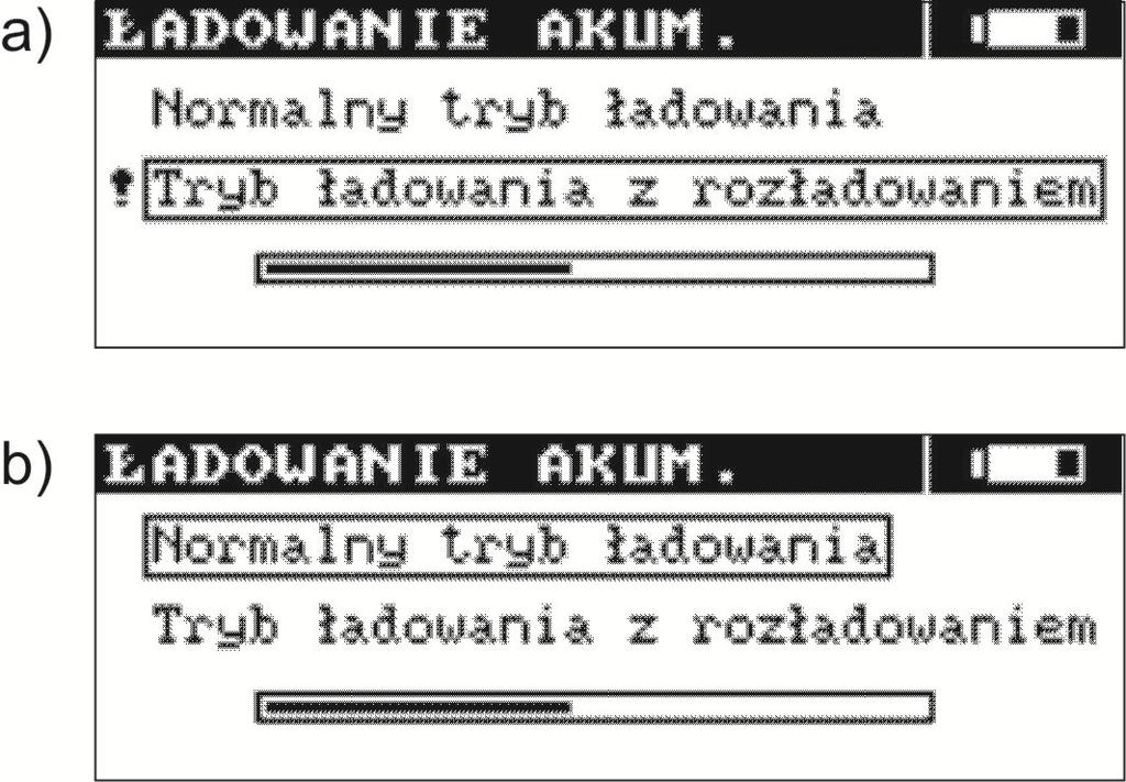 Funkcja AUTO-OFF w trybie ładowania akumulatorów jest wyłączona. Włożenie przewodu zasilającego ładowarkę do gniazdka sieciowego powoduje ukazanie się jednego z poniższych ekranów.