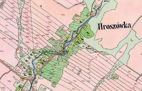 7. Przykład materiałów archiwalnych. Mapa katastralna [Stabiler Kataster] (Mapa Wsi Hroszówka w Galicji), 1:2880, oprac. 1852. Źródło: Archiwum Państwowe w Przemyślu.