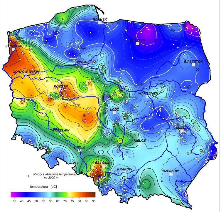 Rysunek 9. Mapa temperatury na głębokości 2000 m p.p.t. Źródło: http://www.pgi.gov.pl/ Na terenie Gminy Bolimów w chwili obecnej energia ze źródeł geotermalnych nie jest wykorzystywana.