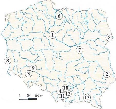 Zadanie 22.( 0-6 pkt.) Na mapie Polski oznaczono numerami obiekty wpisane na listę Światowego Dziedzictwa Kultury i Przyrody UNESCO. Uzupełnij tabelę dotyczącą wybranych obiektów. Nr na mapie 1. 2. 4.