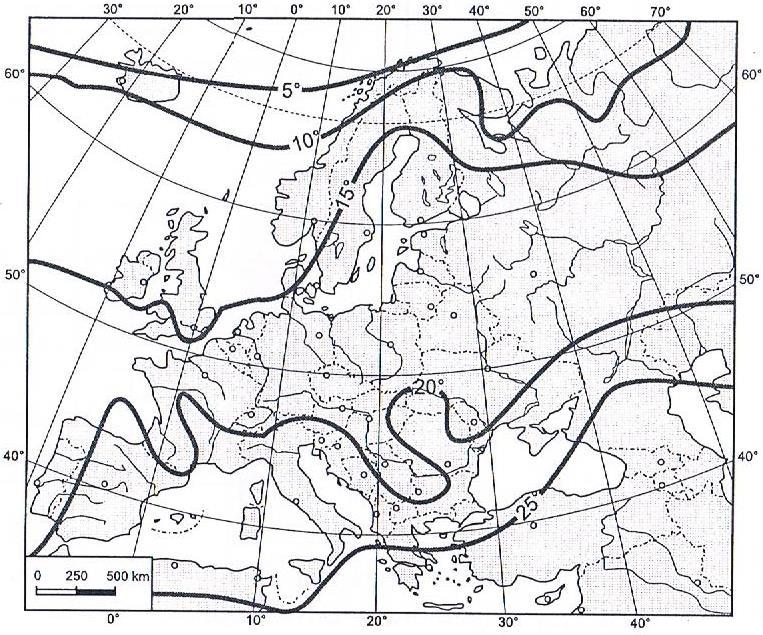 Zadanie 8.( 0-1 pkt.) Posługując się mapą klimatyczną Europy wykaż związek między szerokością geograficzną a temperaturą powietrza atmosferycznego. Związek:............ Zadanie 9.( 0-3 pkt.